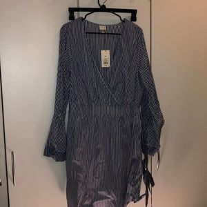 Blue and white striped wrap dress